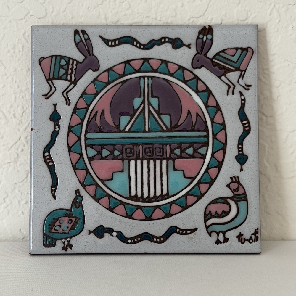 VTG Tu-Oti Southwest Decorative Ceramic Art Tile Native American Trivet Boho